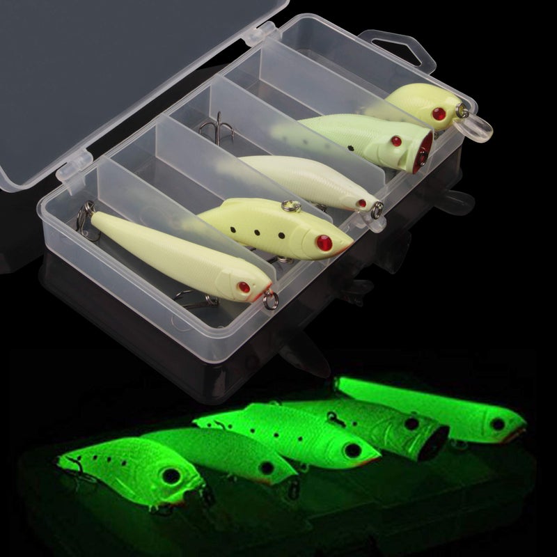 Shaddock Fishing Glow Fishing Lure Bait Kit - 5pcs Luminous Fishing Bait VIB Popper Crank Minnow Pencil Artificial Lures with Tackle Box for Bass Saltwater Freshwater - Image 1